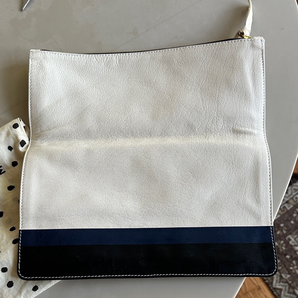 Clare V White Fold-Over Leather Clutch with Navy & Black Trim